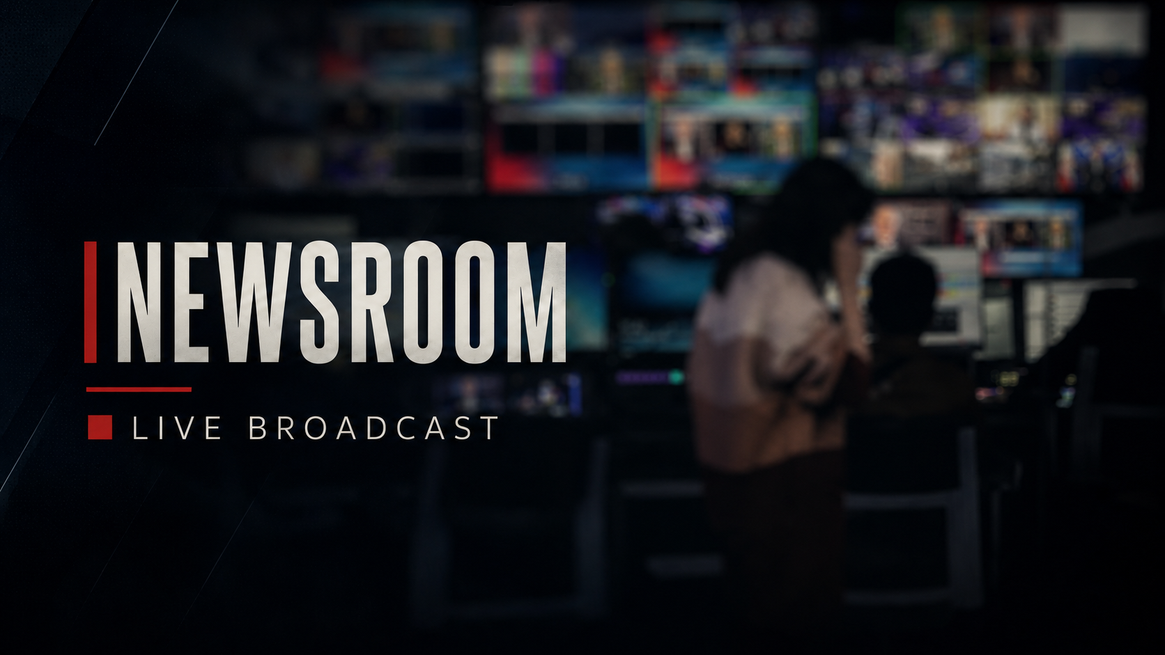 Newsroom and live broadcast poster showing Saeid Habil in sharp focus inside a privacy-safe blurred television control room